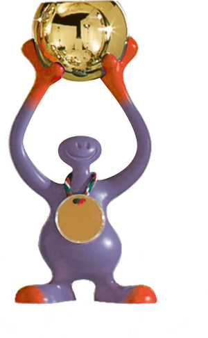 Blaue Bibo-Figuren-Trophäe mit orangenen
Akzenten, goldfarbener Pokalschale und
runder Medaille für individuelle Gravuren.