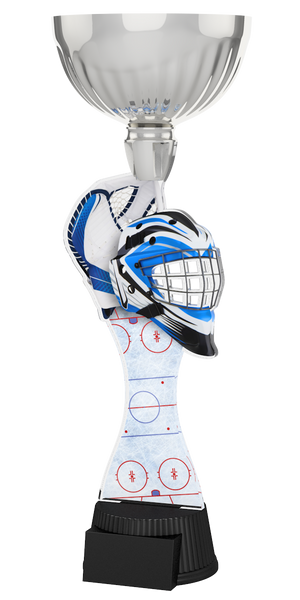 Acryl-Trophäe ACUPC 10 S Silber für Eishockey mit blau-weißem
Torwarthelm, Fanghandschuh, Eisfläche-Hintergrund, eleganter
Silberener Schale und schwarzem Gravursockel.