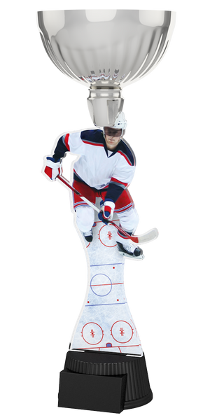 Edle Trophäe im Eishockey-Design mit Silberfarbenem Kelch,
detailreichem Eishockeyspieler in Aktion, Schaft mit
Eisbahn-Linien und schwarzem Sockel. Perfekt für
Auszeichnungen, Ehrungen und Eishockeyturniere.