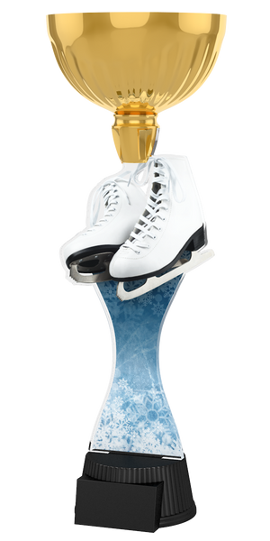 Edle Trophäe im Eiskunstlauf-Design mit goldfarbenem Kelch, weißen
Schlittschuhen, eisblauem Schaft mit Schneeflockenmuster und schwarzem
Sockel. Perfekt für Auszeichnungen, Ehrungen und Eiskunstlaufwettbewerbe.