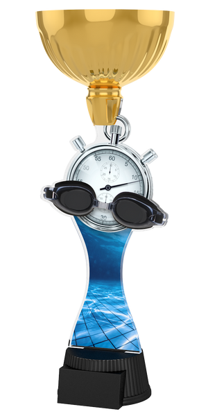 Acryl-Trophäe ACUPC 13 G Gold für Schwimmen mit klassischer
Stoppuhr, schwarzer Schwimmbrille, Wasserbecken-Hintergrund,
eleganter goldener Schale und schwarzem Gravursockel.