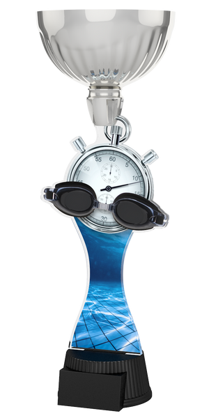 Acryl-Trophäe ACUPC 13 S Silber für Schwimmen mit klassischer
Stoppuhr, schwarzer Schwimmbrille, Wasserbecken-Hintergrund,
eleganter Silberener Schale und schwarzem Gravursockel.