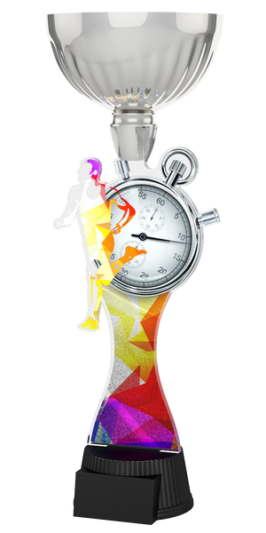 Acryl-Trophäe ACUPC 15 S Silber für Leichtathletik und Laufsport mit buntem
Läufer-Silhouettenmotiv, Stoppuhr, geometrischem Farbverlauf-Hintergrund,
eleganter Silberener Schale und schwarzem Gravursockel.