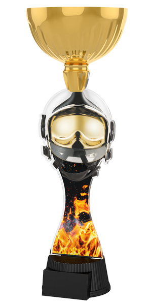 Acryl-Trophäe ACUPC 16 G Gold für Feuerwehr mit Feuerwehrhelm,
Atemschutzmaske, feurigem Flammen-Hintergrund, eleganter goldener
Schale und schwarzem Gravursockel.
