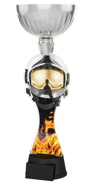 Acryl-Trophäe ACUPC 16 S Silber für Feuerwehr mit Feuerwehrhelm,
Atemschutzmaske, feurigem Flammen-Hintergrund, eleganter Silberener
Schale und schwarzem Gravursockel.