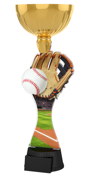 Acryl-Trophäe ACUPC 19 G Gold für Baseball mit
Leder-Baseballhandschuh,weißem Baseball mit roten
Nähten, Stadion-Spielfeld-Hintergrund, eleganter
goldener Schale und schwarzem Gravursockel.