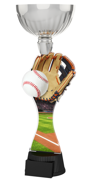Acryl-Trophäe ACUPC 19 S Silber für Baseball mit Leder-Baseballhandschuh,
weißem Baseball mit roten Nähten, Stadion-Spielfeld-Hintergrund, eleganter
Silberener Schale und schwarzem Gravursockel.