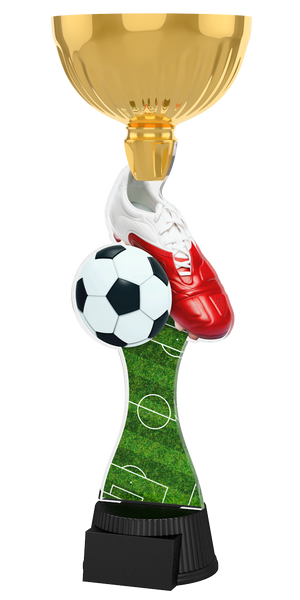 Fußball-Pokal ACUPC 1 G in Gold mit weißem Fußball, rotem Fußballschuh und grüner Spielfeldoptik auf dem Schaft und schwarzem Sockel. Ideal als Auszeichnung für Fußballturniere und Siegerehrungen.