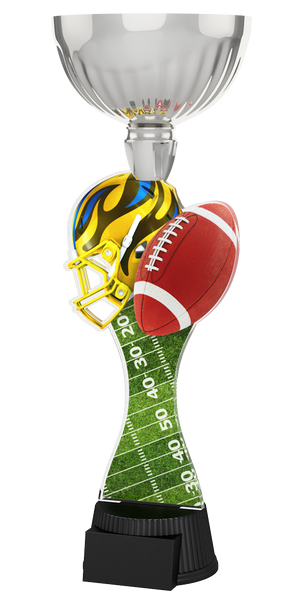 Football-Pokal ACUPC 21 S in Silber mit gelb-blauem Football-Helm,
braunem Football, grünem Spielfeld-Motiv auf geschwungenem Acryl
und schwarzem Sockel. Ideal als Auszeichnung für Footballturniere
und Siegerehrungen.