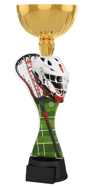 Lacrosse-Pokal ACUPC 22 G in Gold mit weißem Lacrosse-Helm,
Schläger, grünem Spielfeld-Motiv auf geschwungenem Acryl und
schwarzem Gravurockel. Ideal als Auszeichnung für Lacrosse-Turniere
und Siegerehrungen.