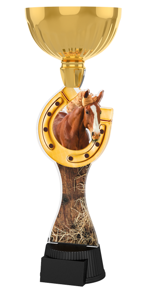 Reitsport-Pokal ACUPC 26 G in Gold mit Pferdekopf, goldenem
Hufeisen,Holz-Stroh-Motiv auf geschwungenem Acryl und
schwarzem Gravursockel. Ideal als Auszeichnung für Reitturniere
und Siegerehrungen.