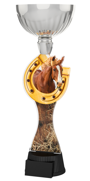 Reitsport-Pokal ACUPC 26 S in Silber mit Pferdekopf, Silberenem Hufeisen,
Holz-Stroh-Motiv auf geschwungenem Acryl und schwarzem Gravursockel. Ideal
als Auszeichnung für Reitturniere und Siegerehrungen.