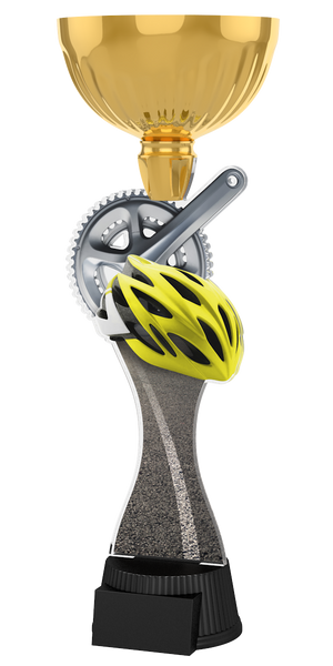 Radsport-Pokal ACUPC 27 G in Gold mit silbernem Kettenblatt,
gelbem Fahrradhelm, Straßendesign auf geschwungenem Acryl
und schwarzem Gravursockel. Ideal als Auszeichnung für Radrennen
und Siegerehrungen.