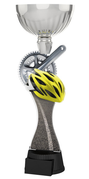 Radsport-Pokal ACUPC 27 S in Silber mit silbernem Kettenblatt, gelbem
Fahrradhelm, Straßendesign auf geschwungenem Acryl und schwarzem
Gravursockel. Ideal als Auszeichnung für Radrennen und Siegerehrungen.