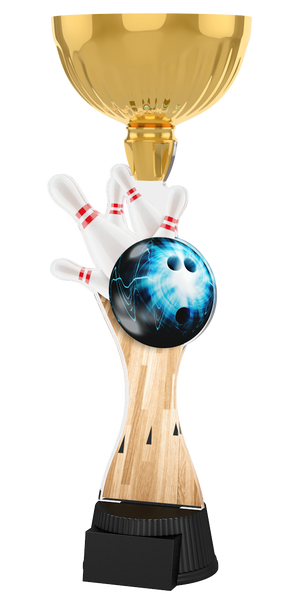 Bowling-Pokal ACUPC 2 G in Gold mit blauer Bowlingkugel, weißen
Bowlingpins, geschwungenem Element in Holzoptik und schwarzem
Sockel. Ideal als Auszeichnung für Bowlingturniere und Siegerehrungen.