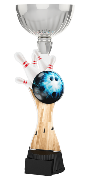 Bowling-Pokal ACUPC 2 S in Silber mit blauer Bowlingkugel, weißen
Bowlingpins, geschwungenem Element in Holzoptik und schwarzem
Sockel für Gravuren. Ideal als Auszeichnung für Bowlingturniere und
Siegerehrungen.