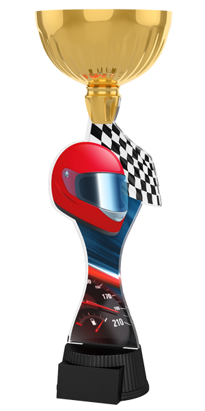 Motorsport-Pokal ACUPC 30 G in Gold mit rotem Rennhelm,
Zielflagge,Tacho-Motiv auf geschwungenem Acryl und schwarzem
Gravursockel. Ideal als Auszeichnung für Autorennen und Siegerehrungen.