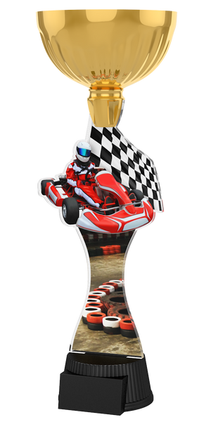 Kart-Pokal ACUPC 31 G in Gold mit rotem Go-Kart, Rennfahrer,
Zielflagge, Rennstrecken-Motiv auf geschwungenem Acryl und
schwarzem Gravursockel. Ideal als Auszeichnung für Kartrennen und
Siegerehrungen.