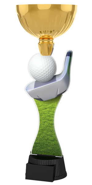 Golf-Pokal ACUPC 32 G in Gold mit weißem Golfball, silbernem
Golfschläger, grünem Rasen-Motiv auf geschwungenem Acryl und
schwarzem Gravursockel.Ideal als Auszeichnung für Golfturniere und
Siegerehrungen