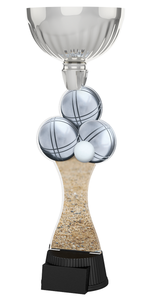 Boule-Pokal ACUPC 33 S in Silber mit silbernen Boulekugeln, weißer
Zielkugel, Sand-Motiv auf geschwungenem Acryl und schwarzem Gravursockel.
Ideal als Auszeichnung für Boule-Turniere und Siegerehrungen.