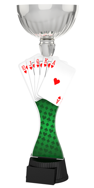 Poker-Pokal ACUPC 34 S in Silber mit Herz-Royal-Flush-Spielkarten, grünem
Filz-Motiv auf geschwungenem Acryl und schwarzem Gravursockel. Ideal als
Auszeichnung für Pokerturniere und Siegerehrungen.