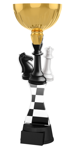 Schach-Pokal ACUPC 35 G in Gold mit Schachfiguren König,
Dame und Springer, Schachbrett-Muster auf geschwungenem
Acryl und schwarzem Gravursockel. Ideal als Auszeichnung für
Schachturniere und Siegerehrungen.