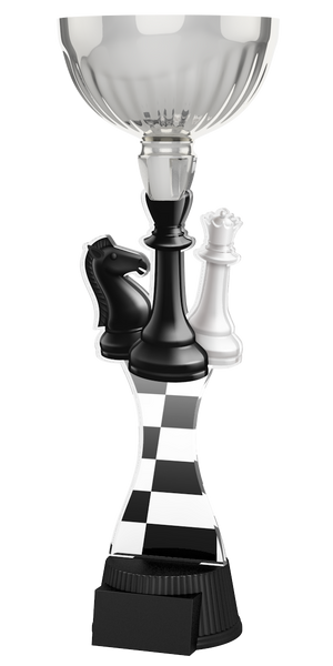 Schach-Pokal ACUPC 35 S in Silber mit Schachfiguren König, Dame und
Springer, Schachbrett-Muster auf geschwungenem Acryl und schwarzem
Gravursockel. Ideal als Auszeichnung für Schachturniere und Siegerehrungen.