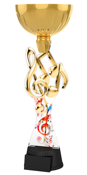 Musik-Pokal ACUPC 37 G in Gold mit goldenem Notenschlüssel,
Musiknoten,buntem Noten-Motiv auf geschwungenem Acryl und
schwarzem Gravursockel. Idealals Auszeichnung für
Musikwettbewerbeund Siegerehrungen.