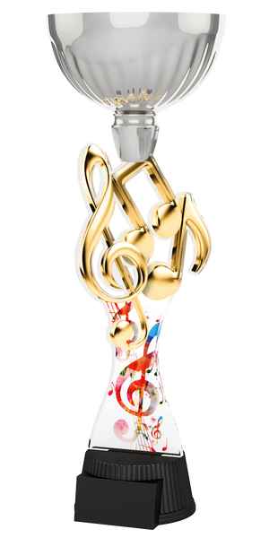 Musik-Pokal ACUPC 37 S in Silber mit Silberenem Notenschlüssel,Musiknoten,
buntem Noten-Motiv auf geschwungenem Acryl und schwarzem Gravursockel.
Ideal als Auszeichnung für Musikwettbewerbeund Siegerehrungen.