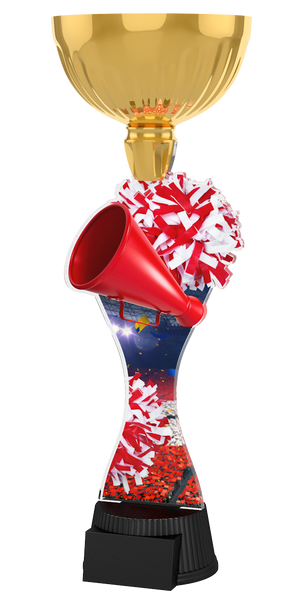 Cheerleading-Pokal ACUPC 38 G in Gold mit rotem Megafon,
rot-weißemPompon, Arena-Motiv auf geschwungenem Acryl und
schwarzem Gravursockel. Ideal als Auszeichnung für Cheerleading-
Wettbewerbe und Siegerehrungen.