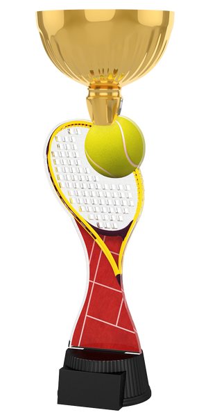 Tennis-Pokal ACUPC 3 G in Gold mit gelbem Tennisball, transparentem
Schläger-Motiv, rotem Sandplatz-Design auf dem Schaft und schwarzem
Sockel. Ideal als Auszeichnung für Tennisturniere und Siegerehrungen.