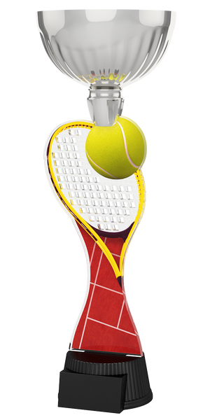 Tennis-Pokal ACUPC 3 S in Silber mit gelbem Tennisball, transparentem
Schläger-Motiv, rotem Sandplatz-Design auf dem Schaft und schwarzem
Sockel. Ideal als Auszeichnung für Tennisturniere und Siegerehrungen.