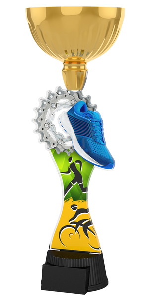 Goldener Duathlon-Pokal ACUPC 49 G aus Acryl mit Laufschuh- und
Zahnkranz-Motiv auf schwarzem Sockel.