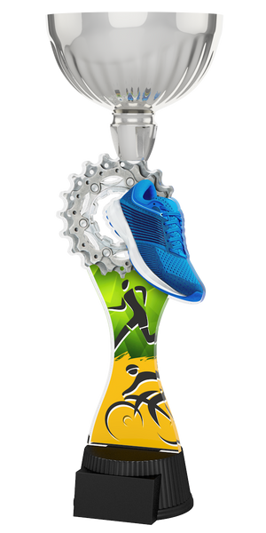 Silberener Duathlon-Pokal ACUPC 49 S aus Acryl mit Laufschuh- und
Zahnkranz-Motiv auf schwarzem Gravursockel.
