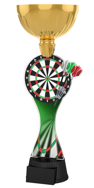Acryl-Trophäe ACUPC 5 G Gold für Darts mit prächtiger Dartscheibe,
drei Dartpfeilen, eleganter goldener Schale und schwarzem Sockel für
Gravuren.