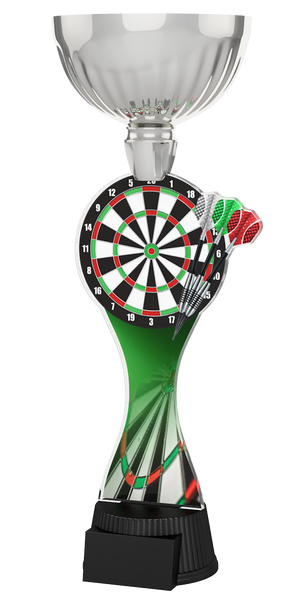 Acryl-Trophäe ACUPC 5 S Silber für Darts mit prächtiger Dartscheibe,
drei Dartpfeilen, eleganter Silberener Schale und schwarzem Sockel für
Gravuren.