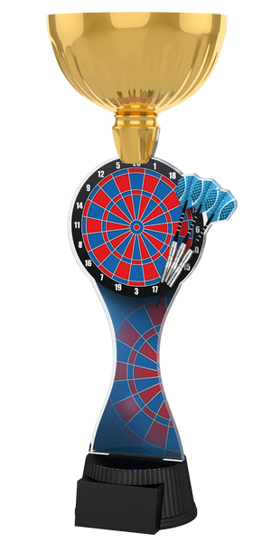 Dart-Pokal ACUPC 6 G in Gold mit rot-blauer Dartscheibe, drei blauen
Dartpfeilen, blauem Schaftmotiv und schwarzem Sockel. Ideal als
Auszeichnung für Dartturniere und Siegerehrungen.