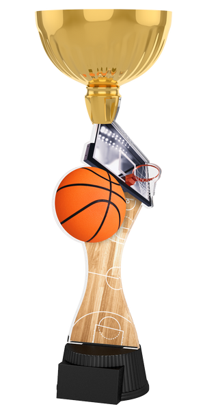Basketball-Pokal ACUPC 7 G in Gold mit orangefarbenem Basketball,
Basketballkorb mit Brett, geschwungenem Schaft in Parkett-Holzoptik mit
Spielfeldlinien und schwarzem Sockel. Ideal als Auszeichnung für
Basketballturniere und Siegerehrungen.