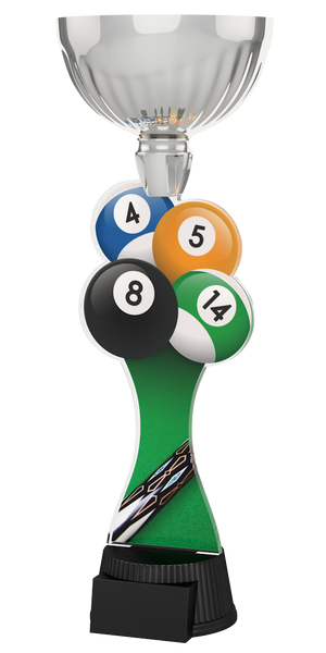 Edle Trophäe im Billard-Design mit Silberfarbenem Kelch, bunten Billardkugeln
(unter anderem der riegelartigen 8er-Kugel), grünem Schaft mit Billardqueue-
Motiv und schwarzem Sockelfür Gravuren. Perfekt für Auszeichnungen,
Ehrungen und Billardturniere.