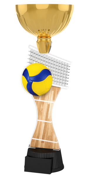Acryl-Trophäe ACUPC 9 G Gold für Volleyball mit gelb-blauem Volleyball,
Volleyballnetz, Spielfeld in Holzoptik, eleganter goldener Schale und
schwarzem Gravursockel.