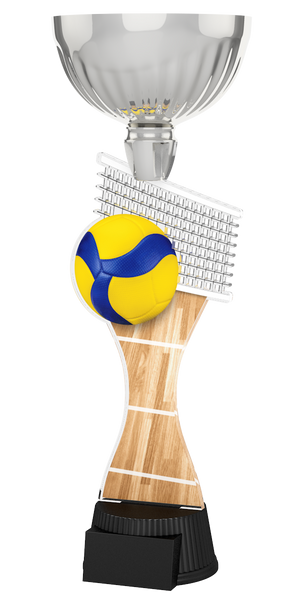 Acryl-Trophäe ACUPC 9 S Silber für Volleyball mit gelb-blauem Volleyball,
Volleyballnetz, Spielfeld in Holzoptik, eleganter Silberener Schale und
schwarzem Gravursockel.