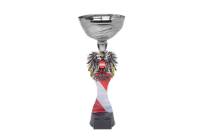 Pokal ACUPC Österreich Adler in Silber mit rot-weiß-roten Akzenten, österreichischem Adler-Motiv und schwarzem Sockel. Ideal als Auszeichnung für Sportevents und Ehrungen mit nationalem Bezug.