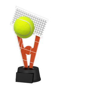 Acrylpokal mit schwarzem Sockel und Motivteil mit Tennisball und Netz.