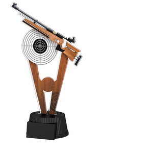 Acrylpokal mit schwarzem Sockel und Motivteil mit Zielscheibe und Gewehr.