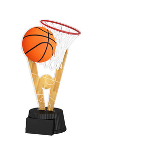 Bunter Acrylpokal mit schwarzem Sockel und Basketballmotiv mit Korb.