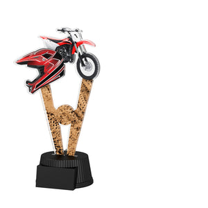 Acrylpokal mit schwarzem Sockel und Motocross-Motiv mit Motorrad.