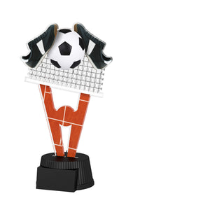 Acrylpokal mit schwarzem Sockel und Fußballmotiv mit Ball und Torwand-/Netzmotiv.