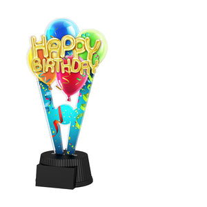 Acrylpokal mit schwarzem Sockel und „Happy Birthday“-Motiv.