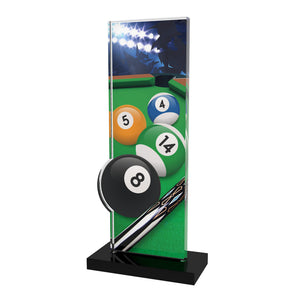 Acryl Trophäe Billard (Kugeln und Queue), 10 mm Acryl, schwarzer Acrylsockel; Text/Logo druckbar.