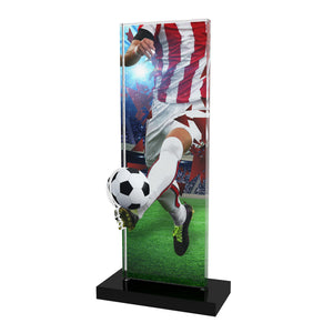 Acryl Trophäe APLA 1 mit Fußball-Spieler-Motiv, 10 mm Acryl und schwarzem Acrylsockel; Text/Logo auf Acrylteil druckbar.